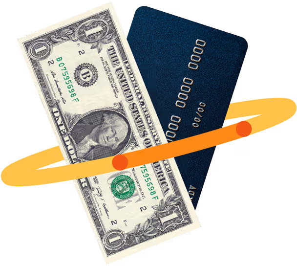 U.S. dollar bill and credit card with an orange orbit-style ring around them